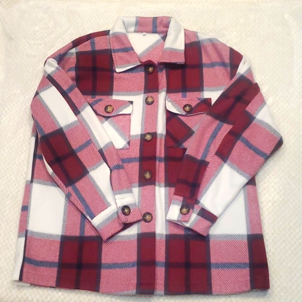 Red and white checkered button sweater